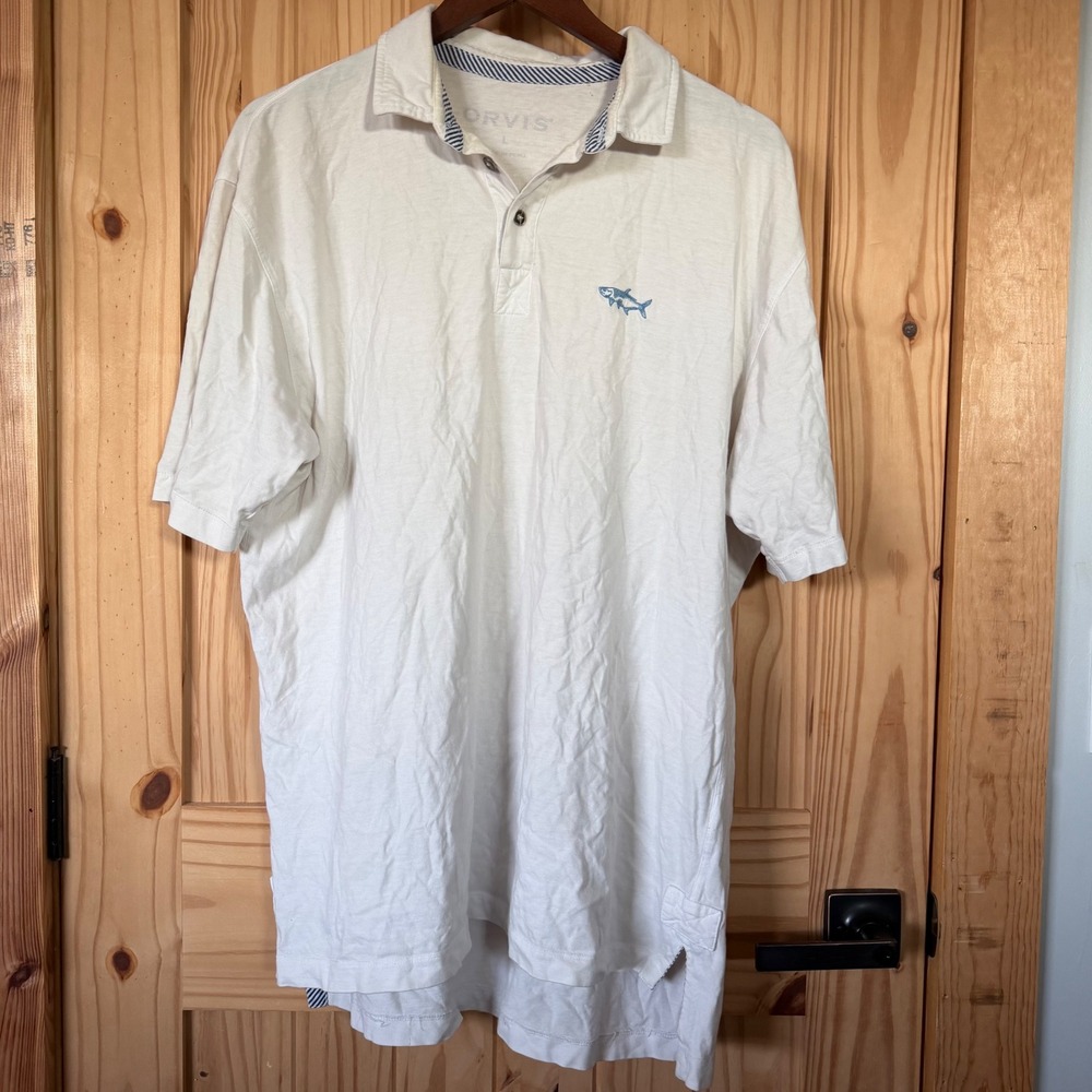 Orvis Mens Cotton Polo Shirt Off White Short Sleeve Fish Logo Style 2MJ5 L